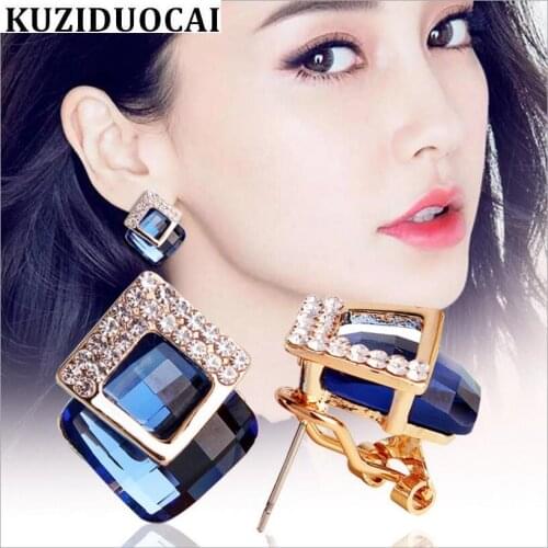 Kuziduocai New Fashion Jewelry Copper Square Crystal Clear Rhinestones Stud Earrings For Women Gift Brincos Pendientes E-474