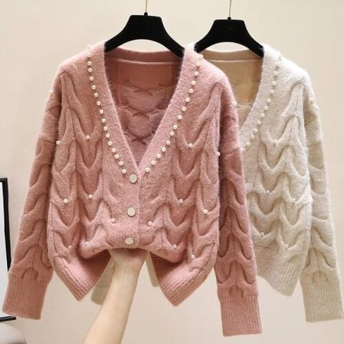 Sweet Beaded V-Neck knitted Cardigan Sweater Womens 2020 Spring Autumn New Clothes Fashion All-Match Outerwear Tops Female