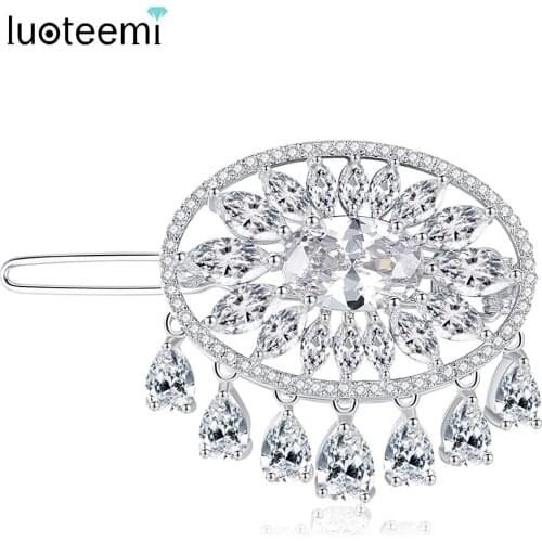LUOTEEMI Fashion White Gold-Color Cubic Zirconia Small Drop Headwear Accessories For Women Wedding Bridal Hairpins Jewelry Gifts