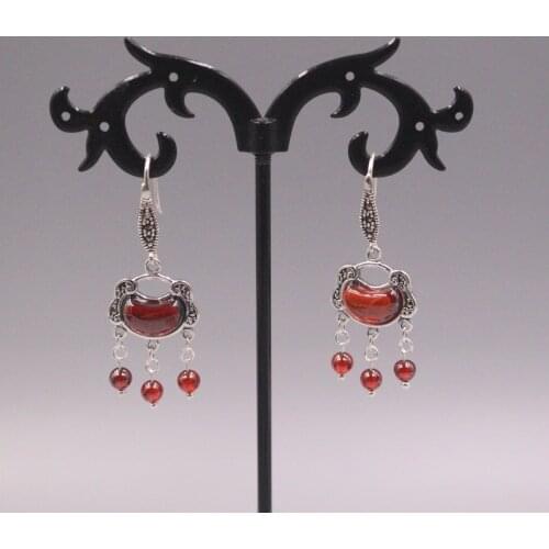 Real Silver 925 Earrings Drop For Women Female Girl Red Garnet Ball Korean Earrings Hook Longevity Lock Bohemian