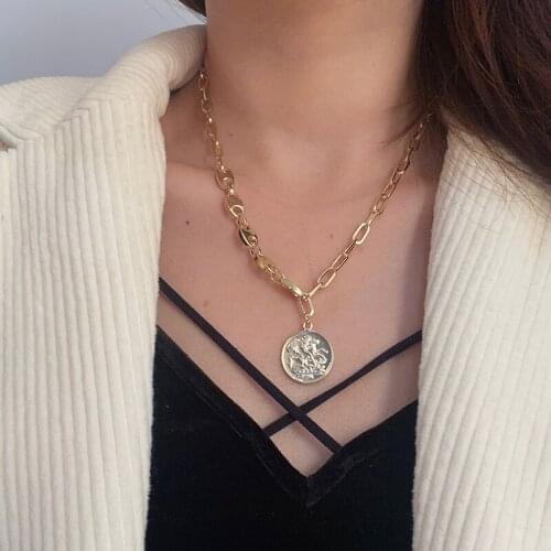 Huge Bud Punk Gold Portrait Coin Pendant Necklace For Women Chunky Thick Chain Choker Necklaces Fashion Party Gothtic Jewelry