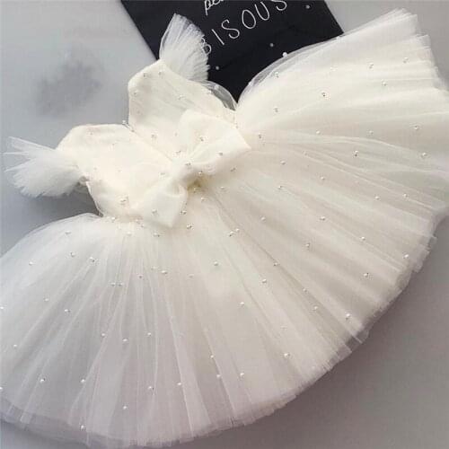 Cute Tutu Baby Girl Birthday Dress Pearls Tulle Bow Knee Length Infant Toddler Birthday Party Dress Pageant Gown 12M 18M 24M