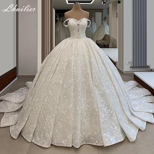 Lhuilier Luxury Ball Gown Lace Wedding Dresses Off the Shoulder Floor Length Crystal Beaded Chapel Train Bridal Dresses