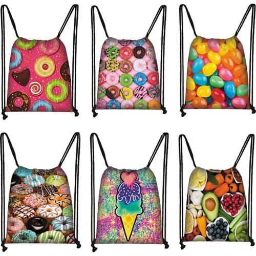 Donut / Candy / Fruit / Vegetable Print Drawstring Bag Girl Leisure Travel Storage Bags Woman Large Capacity Shopping Bag