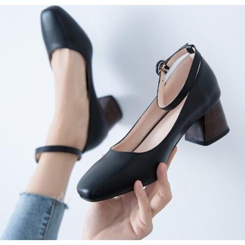 YQBTDL Ankle Strap Elegant Shoes Summer 2020 Block Black Heels Square Toe Gray Beige Office Dress High Heel Shoes Ladies Pumps