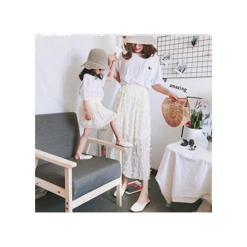 Family Look Mother Daughter Skirt Korean Elastic Waist Fashion Feather Splice Vacation Mommy and Me Skirt Matching Family Outfit