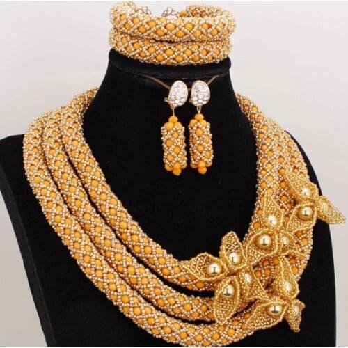 Dudo Costume Jewellery African Women Wedding Jewelry Set Crystal Beads Luxury Bridal Necklace Set Indian 3 Layers Flower Set