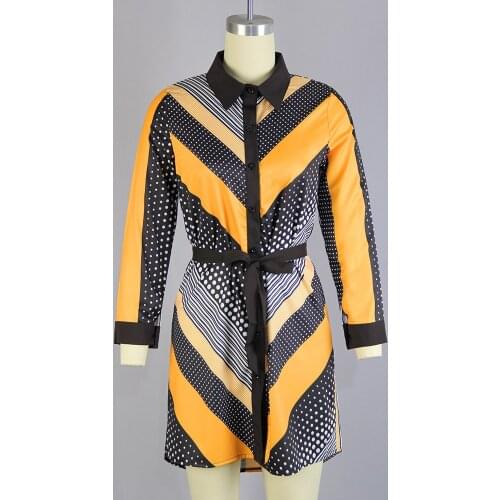 Female clothing Robes women dresses for women casual exotic dresses Lapel striped polka dot print tie shirt dress streetwear
