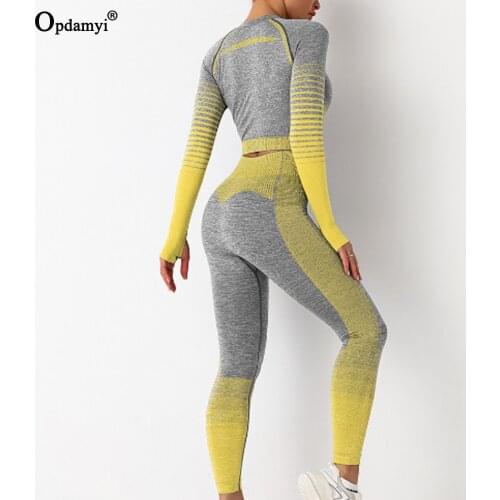 Women Seamless Striped Yoga Set 2Pcs Gym Clothes High Waist Leggings+Long Sleeved Crop Tops Gradient Running Training Sportswear