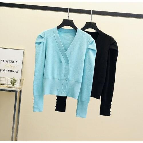 Vintage Knitted Cardigan Coat 2021 Autumn Winter Women Korean Puff Sleeve Double Breasted Knitwear Oversized Sweater Crop Top