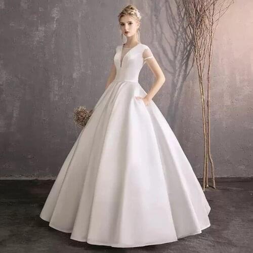 Wedding Dress vVntage V-Neck Short Knit Backless Foor Length Natural Luxury White Elegant Female Bridal Wedding Dress Cерьги