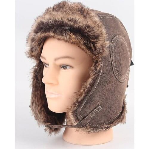 Winter Warm Earflap Hat Men Womens Pilot Aviator Bomber Trapper Hat Faux Fur Leather Snow Cap With Ear Flaps