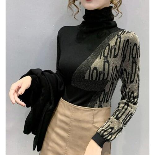 2021 High Collar Neck Jacquard Bright Silk Autumn Winter Womens Clothing Fashion Knitting Sweaters Long Sleeve Slim Inside Top