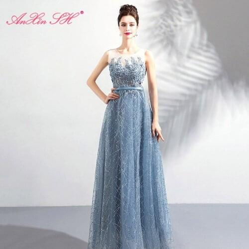 AnXin SH luxury blue lace sparkly party beading o neck illusion host bride blue beach sleeveless a line evening dress 5266
