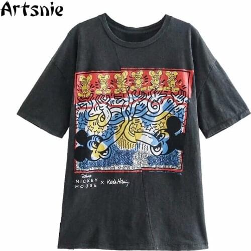 Artsnie Disney Mickey Mouse T Shirt Women Summer 2021 Cartoon O Neck Short Sleeve Tops Streetwear Dark Gray Ladies T-shirts
