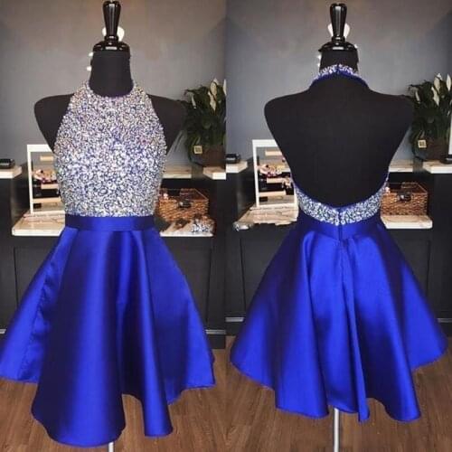 Royal Blue Satin Homecoming Party Dress Silver Beaded Sequins Halter Neck Open Back Graduation Short Prom Gowns