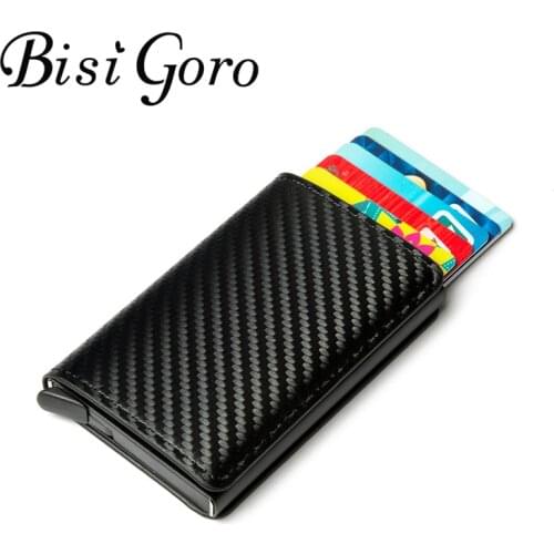 Bisi Goro Thin New Card Case RFID Metal Card Holder Clutch Pop-up Smart Wallet Cardbon Fiber 2020 Leather Aluminum Box Slim