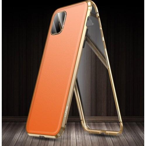 Luphie Magnetic Metal Bumper Tempered Glass Phone Case For Iphone 11 Pro Max /11 Pro /11 Leather Back Cover W/lens Protection