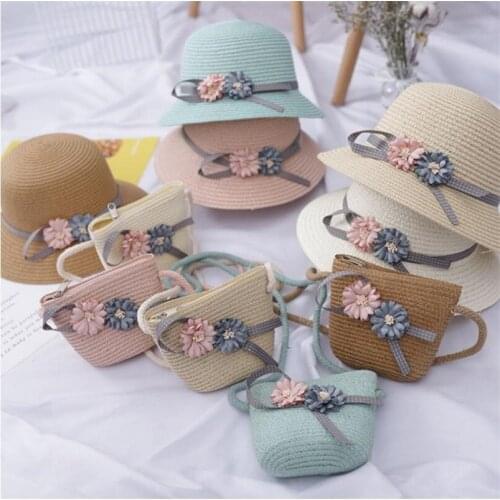 Childrens fresh flower Straw hat cool hat sun hat bag set children Straw hat