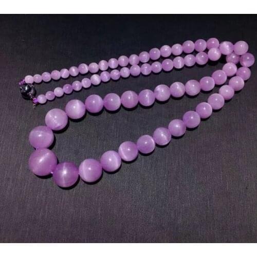 Genuine Natural Purple Kunzite Gemstone Cat Eye Necklace 5.3x14.4mm Round Beads Rare Kunzite Pendant Chain AAAAA