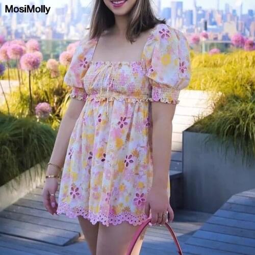 MosiMolly 2021 Cotton Embroidery Dress Lace Flower Dress Boho Beach Dress Smock Dress