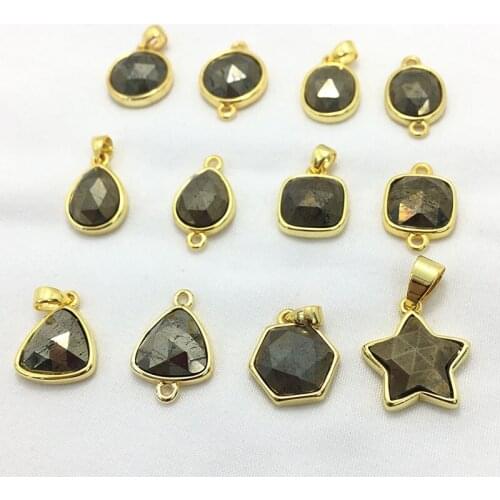 Natural Pyrite Stone 14mm Pocket Size Star Shape Pendant Gold Plating Fashion Women 16'' Link chain Necklace Birthday Gift