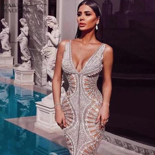 PB 2020 New Trendy Silver Sequins Design Sexy V Neck Backless Sleeveless Celebrity Party Club Maxi Long Dress
