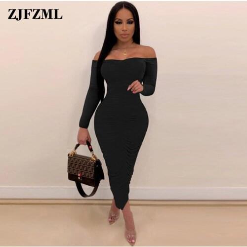 Early Autumn Backless Off Shoulder Pleated Dress Women Midnight Clubwear Party Clothing Elegance Slash Neck Long Sleeve Robe