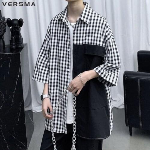 VERSMA Japanese Harajuku Chic Vintage Plaid Patchwork Shirt Men Women Blouse Oversized Streetwear Unisex Shirt Male Dropshipping