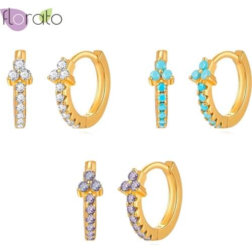 925 Sterling Silver Ear Buckle Flower Type Zircon Hoop Earring Crystal Earrings Purple/Blue Turquoise/White Women Luxury Jewelry