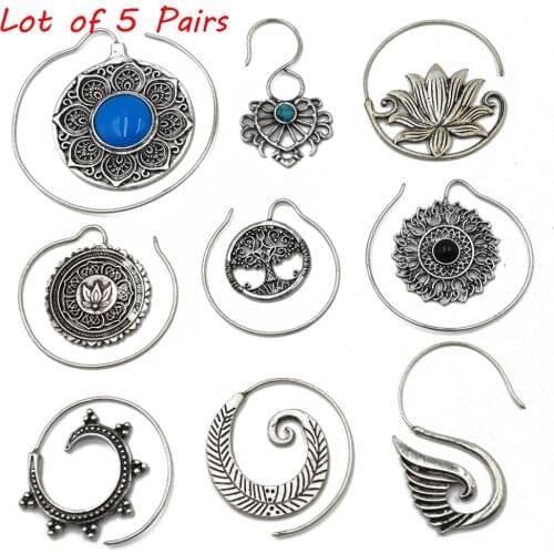 5Pairs Tribal Indian Spiral Lotus Flower Surya Leaf Heart Earrings Hoop piercing Ear Tunnel Plug Piercing Body Jewelry