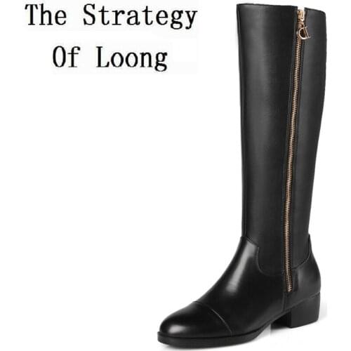 Women Genuine Leather Knee High Long Boots Low Thick Heels Lady Real Leather Knight High Boots Plus Size 41 42 43 44 45 Big Size