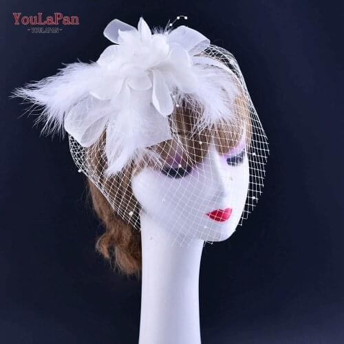 YouLaPan FG18 Vintage Birdcage Veil Feather Women Fascinator Face Veils Wedding Accessories Flower White Bridal Hats Headband