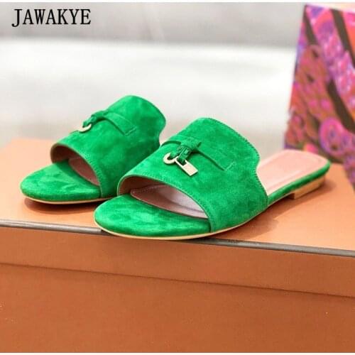 Suede Tassel Lock Women Slides Open Round Toe Leather Summer Slippers Candy Color One Strap Outdoor Dress Slippers Flat Mulers