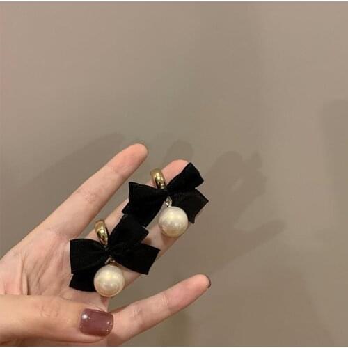 Fashion Bowknot Black Ribbon Drop Earrings For Women 2021 Trend Elegant Simulated Pearl Romantic French Statement Brincos Gift