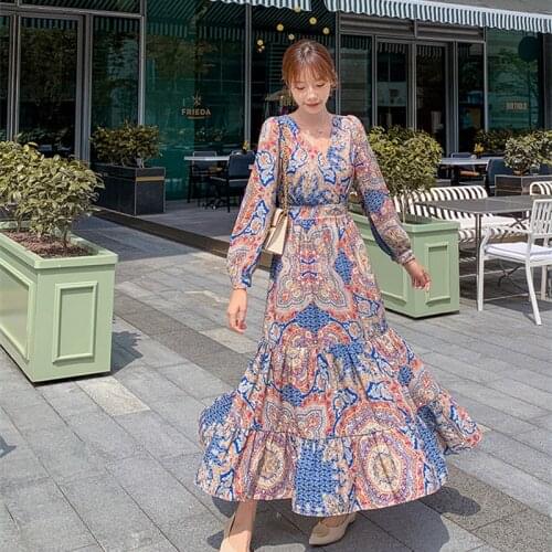 Elegant Print Long Sleeve Women Dresses 2021 New Boho Casual V-neck Chiffon A LIne Dress Vintage Party Vestidos