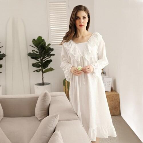 Spring/autumn Cotton Long-sleeved Nightgowns Lace Solid V-Neck Vintage Night Dress Women Home Clothing Sexy Cute Night Gown 2021