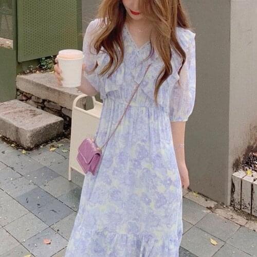 Design Elegant Vintage Floral Dress Korean Office Lady 2021 Summer Chic Women V-neck Sweet Beach Dress Female One Piece Dresses
