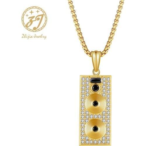 Zhijia top brand New Design Style Luxury Golden Crystal Rhinestone Recorder Pendant Necklace Gifts Wedding Jewelry