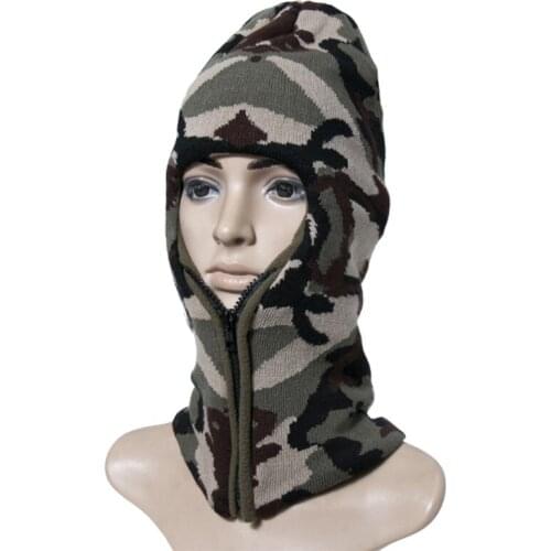Unisex Winter Knit Balaclava Beanie Hat Camouflage Zipper Up Ski Face Mask Plush Lining Thermal Earflap Cap Neck Warmer H9ED