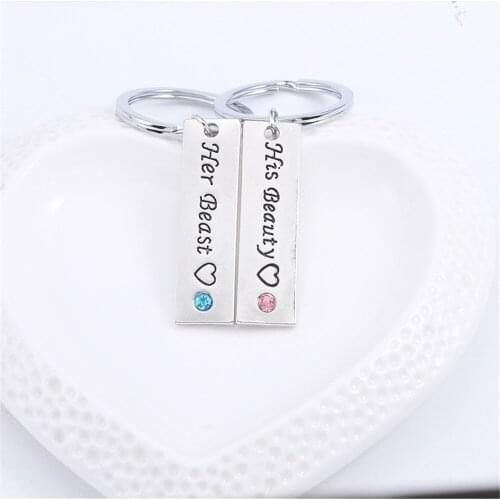 2Pcs Letter Her Beast His Beauty Keychain Couple Simple Trendy Crystal Engraved Heart Love Letter Key Chain Ring Lover Jewelry