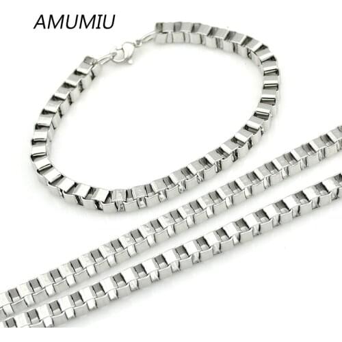 AMUMIU 2017 Box Chain Link jewelry set stainless steel,men cool 22cm bracelet,60m necklace 2pc/sets HZTZ082
