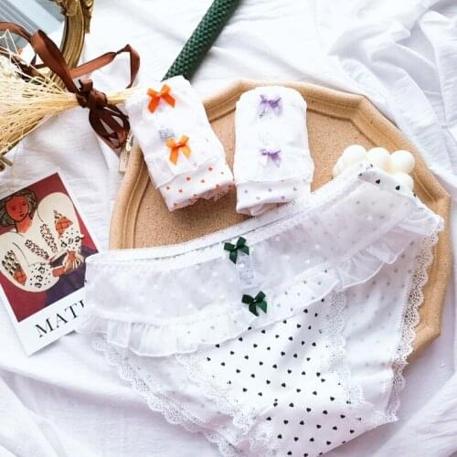 Sensual Lingerie Woman Mid Waist Heart Underwear Sexy Lace Double Bow Briefs Soft Cotton Panties intimates plussize 113