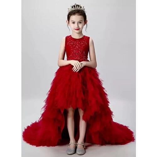 Flower Girl Dresses Illusion Sequined Embroidery Pearls Sleeveless O-Neck Princess Knee-Length Tulle Lace Kids Party Gown H462