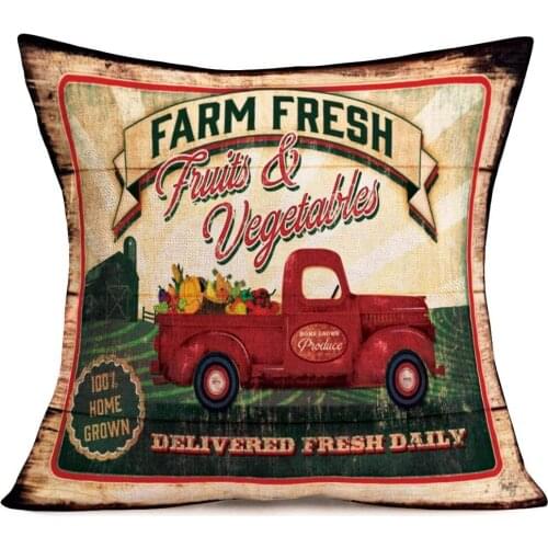 Doitely Vintage Retro Red Truck Farm Fresh Fruits and Vegetables Lettering Cotton Linen Throw Pillow Covers Farmhouse Home Sofa
