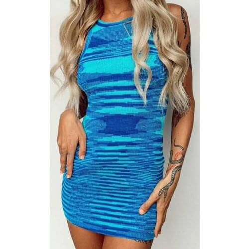 Tie Die Knitted Striped Sleeveless Tank Knitted Dress Women Elegant Vintage Casual Bodycon Short Dresses Ladies Party