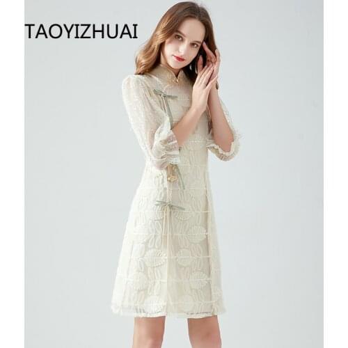 Taoyizhuai brand bubble sleeve dress improved Chinese style spring and Autumn New Retro cheongsam lace a-word versatile dress