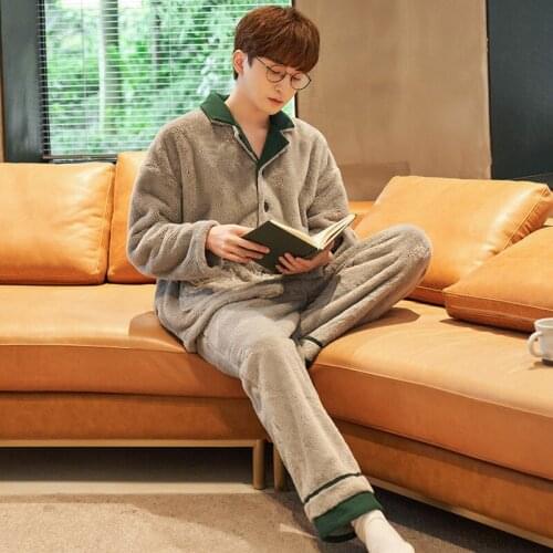 Creation 101 autumn and winter mens pajamas thickened warm Plush simple mens warm home clothes two piece set