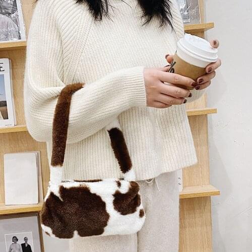 Fashion Womens Bag Plush Fluffy Shoulder Top-handle Bag for Women Animal Pattern Mini Shoulder Underarm Purse Street Clutch