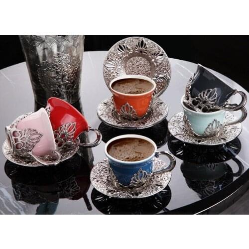 Turkish Coffee Cups Set of 6 and Saucers - Espresso Mugs with 2.3 oz with Large Handle Arabic Decor Style (Silver Saucers)